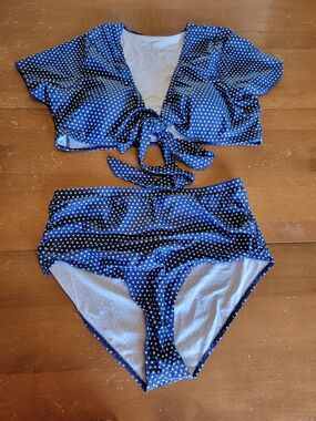 Navy Polka Dot Tie-Front Bikini Set Size 18 NWT